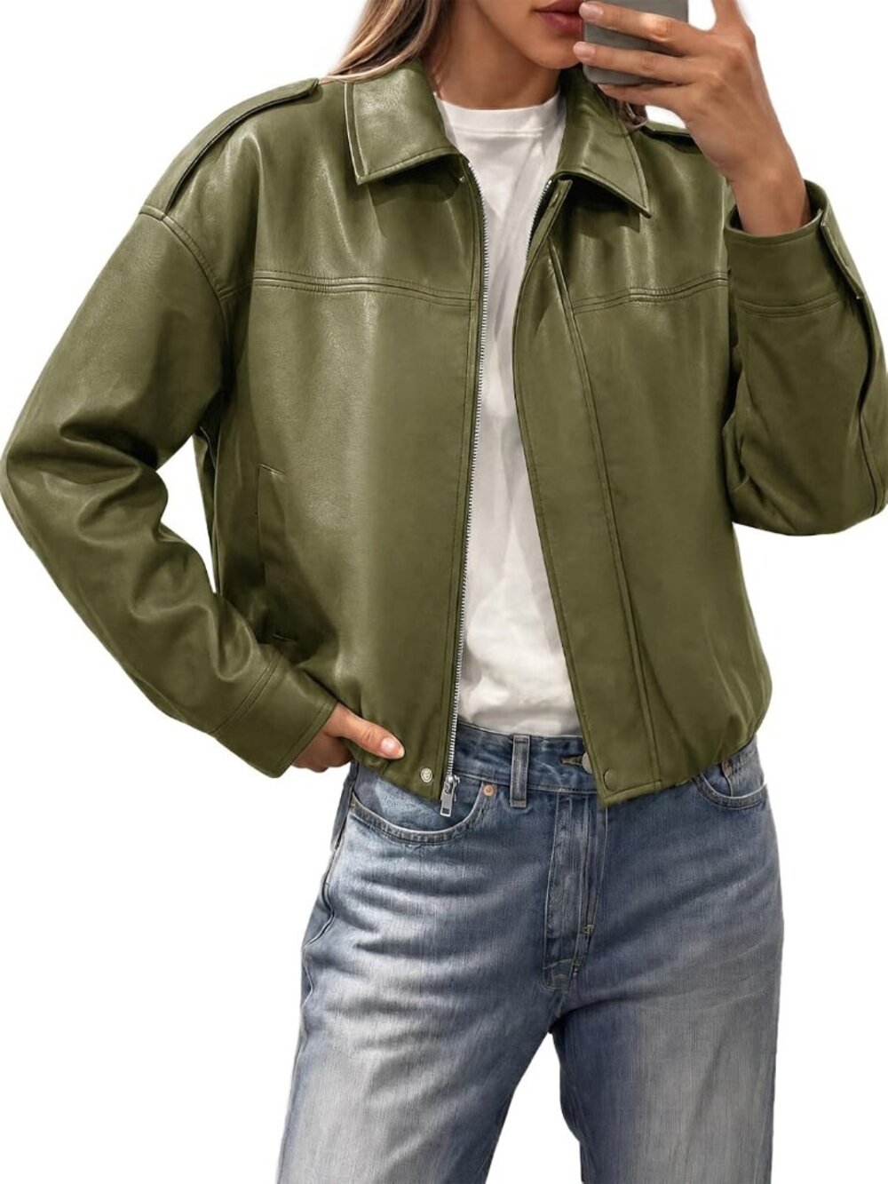 Women Army Green Leather Oversized Lapel Collar Cuff Sleeve Bomber Jacket